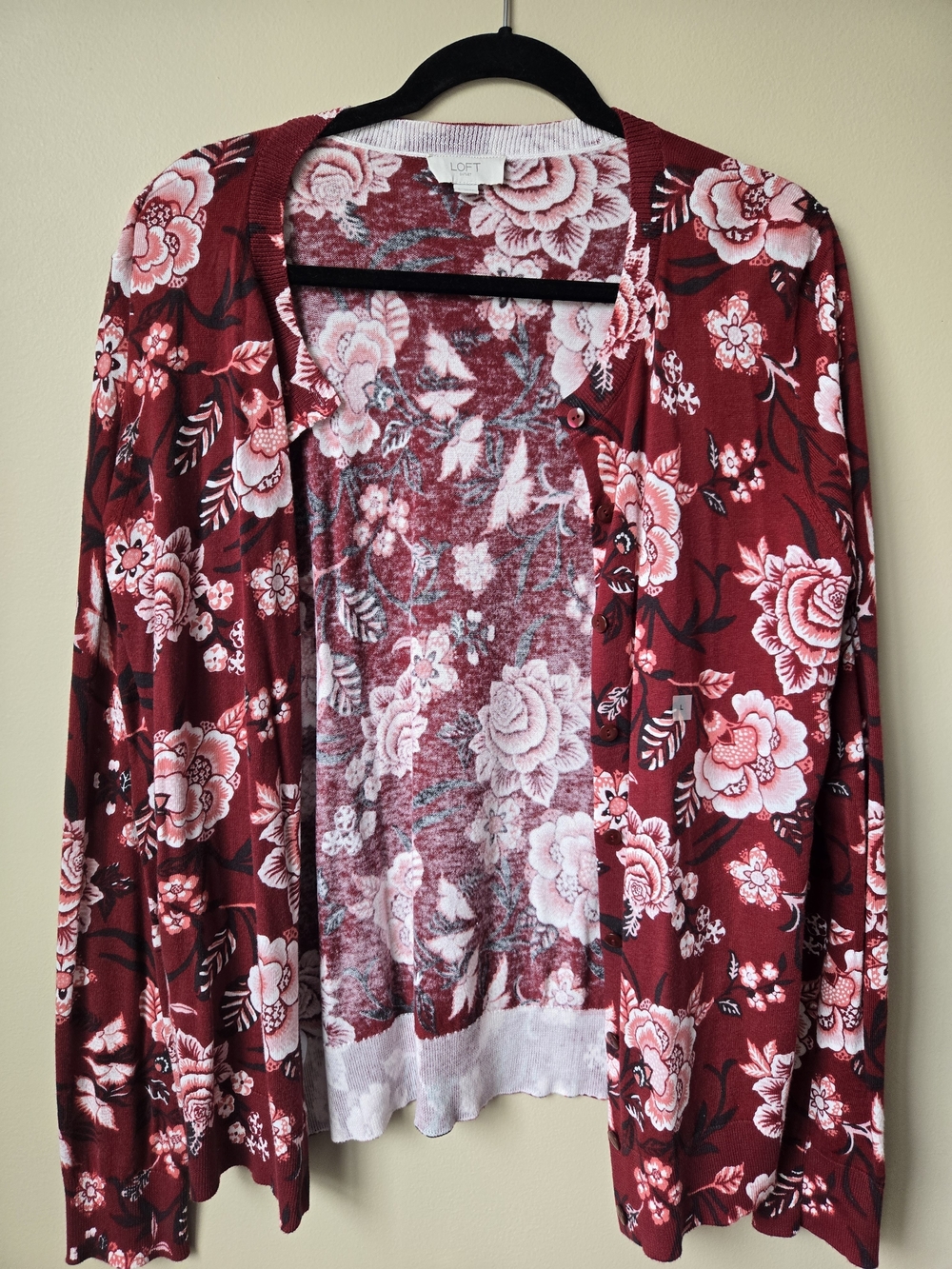 LOFT Floral Button-Front Cardigan in Burgundy and Pink